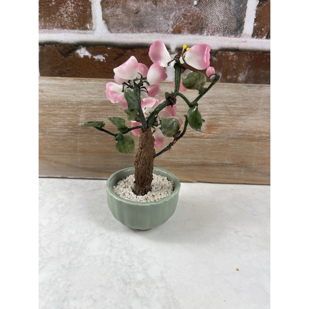 Vintage Chinese Glass Bonsai Tree Celadon Jade Color Pot Agate Quartz Flowers 6" - Picture 7 of 10